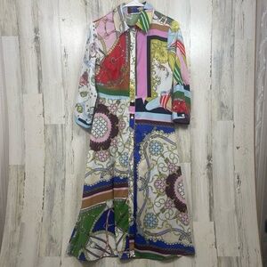 Sunday Up Scarf Print Patchwork Midi Shirt Dress size S Colorful Resort Vacation